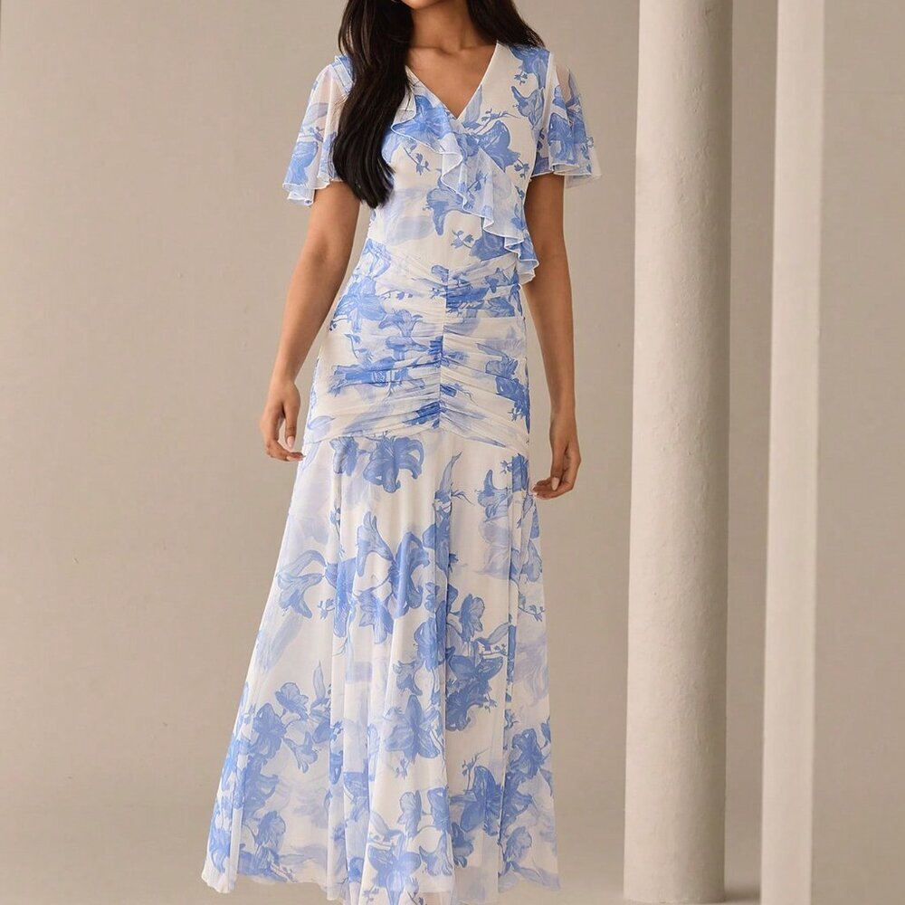 Blue Elegant Women's Floral Maxi Dress with V-Neck Short Sleeves, Ruched Print - Picture 6 of 7